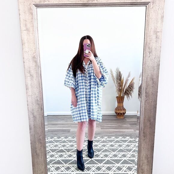 Birgitta helmersson Blue‎ gingham flutter sleeve button down oversized fit dress - Picture 1 of 7
